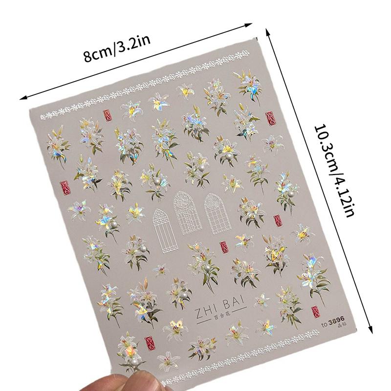 1 Sheet Pearl Lily Flower Nail Sticker Relief 3D Jelly Five Petal Flower Nail Art Decoration Decals Diy Self Adhesive Sliders