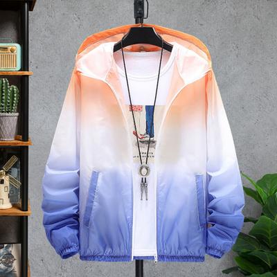 Men Summer Sunscreen Coat Gradient Color Pockets Zipper Breathable Hooded Anti-UV Long Sleeves Loose Fishing Camping Sunscreen Jacket Men Clothes