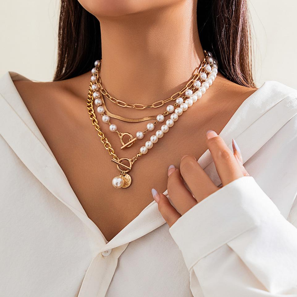Fashionable Long Round Bead Pearl Chain Layered Necklace
