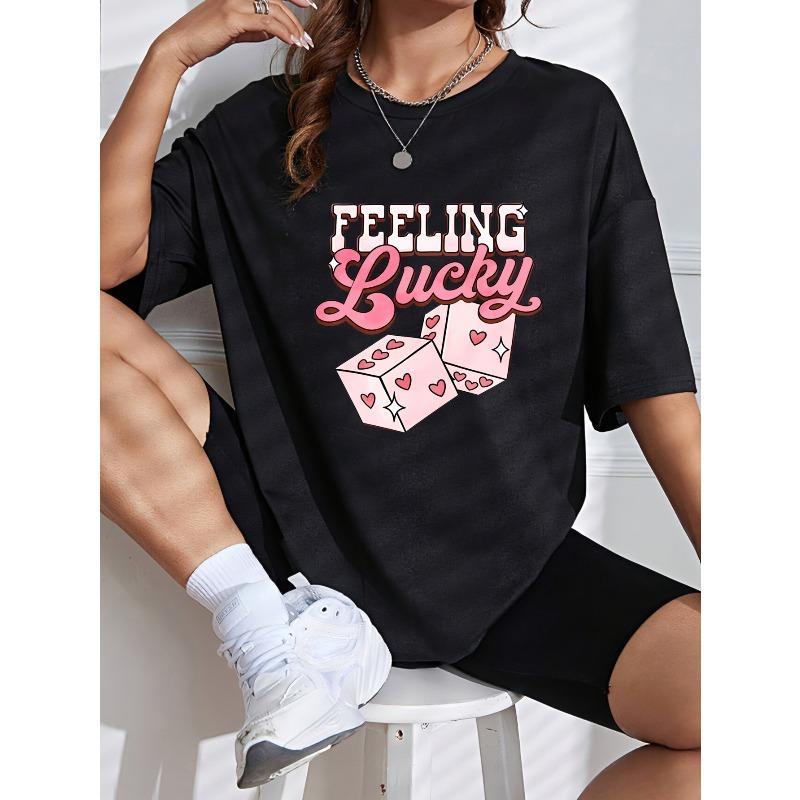 Feeling Lucky T Shirt White Pink Dice Hearts And Stars Graphic Print Casual Summer Top For Women