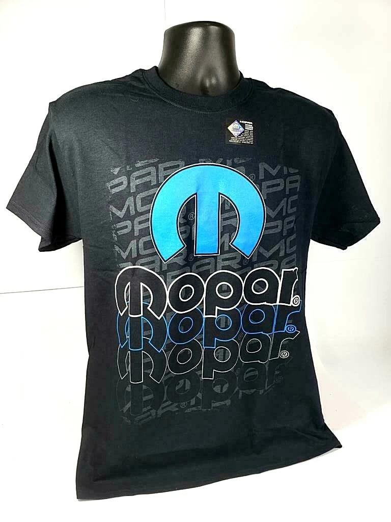 

Black T-Shirt w/ Blue Mopar M Emblem & Three Color MOPAR Script M