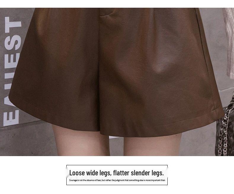 High-Waisted Coffee Leather Shorts for Women, 2024 Trendy Autumn/Winter A-Line Bootcut PU Pants, Perfect with Boots