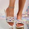 Fashion Female Bling Luxury Slippers Women's Rhinestone Wide Strap Square Toe Slippers Flip Flops Flat Sandals Ladies Slippers Shoes