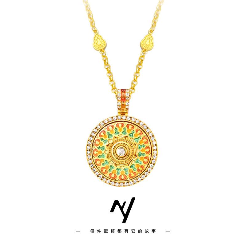 Luxury 24K 9999 Pure Gold Real Gold Women s Enamel Smart Rotating Pendant Diamond Gourd Compasses Necklace золотой