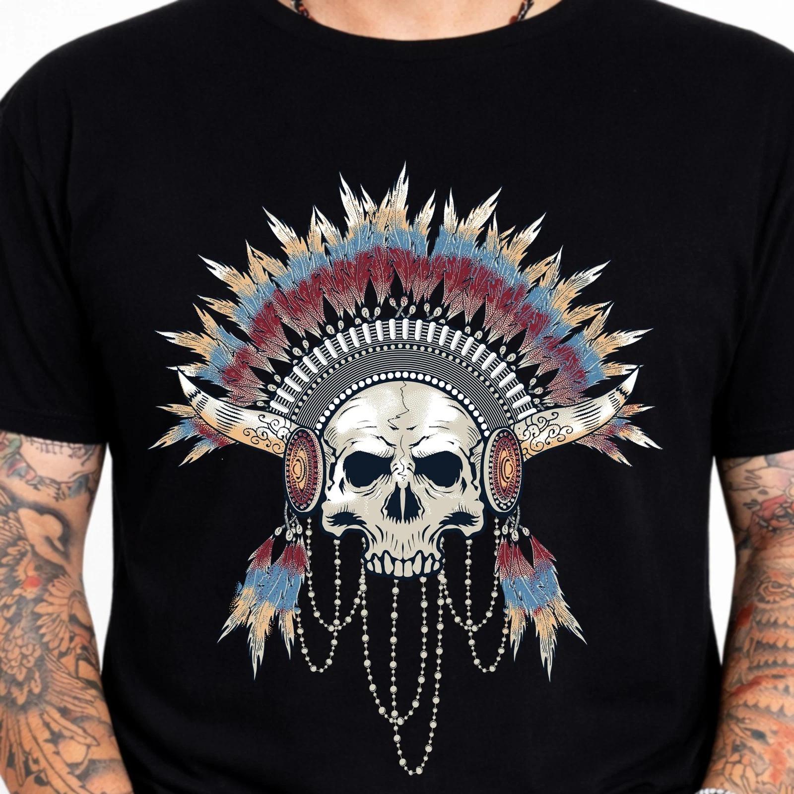 Tribal Skull Feather Headdress Graphic T-Shirt Gothic Tattoo Style Biker Tee S