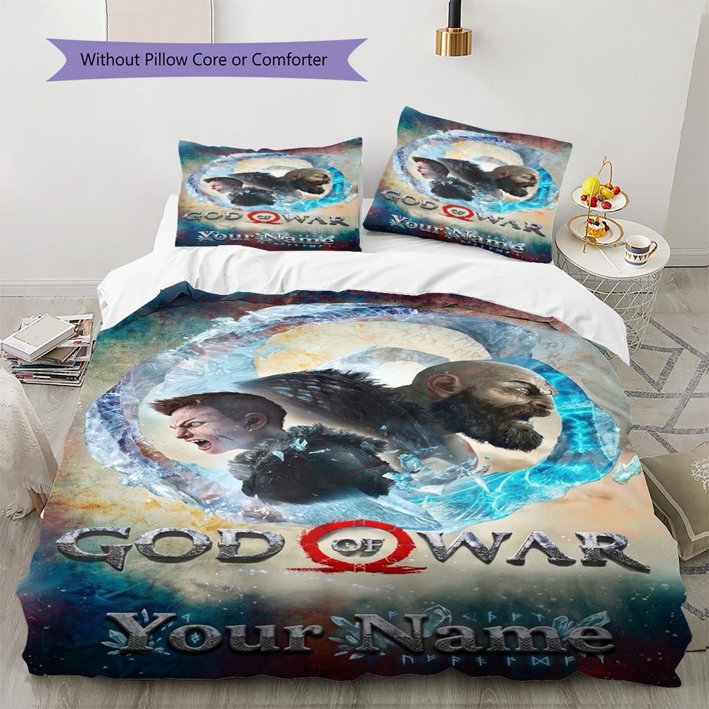 Name Custom God of War Pattern Bedding Set Quilt Cover Pillowcase Home Decor Gift (1 * Duvet Cover + 2 * Pillowcase, Without Core)