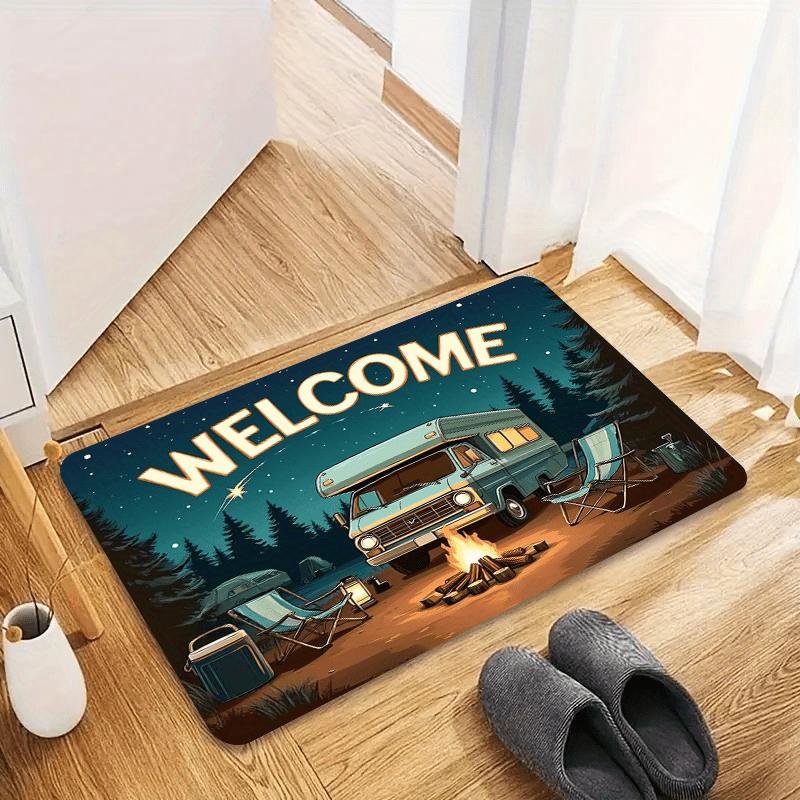 VIKAMA Welcome RV Camping Doormat Night Forest Campfire Folding Chair Print Non‑slip Absorbent Floor Mat For Front Entrance Rug