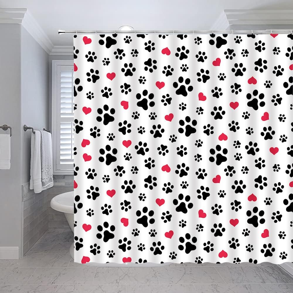 Dog Paw Print Shower Curtain Pet Lovers Cute Kitten Cat Footprint Red Love Heart Abstract Geometric Drawing Style Animal Decor Boys Girls Polyester