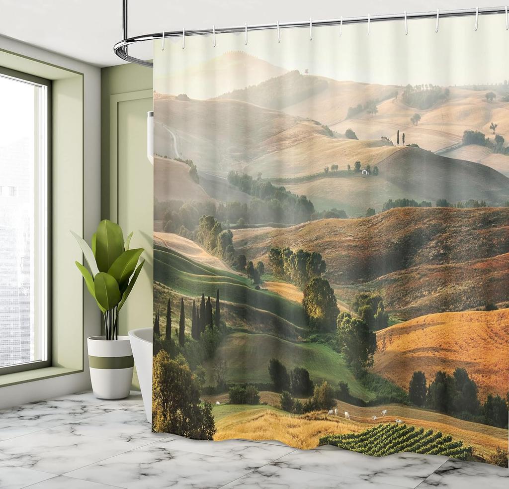 Tuscany Landscape Shower Curtain Rolling Hills Nature Photography Bathroom Decor Linen180X230
