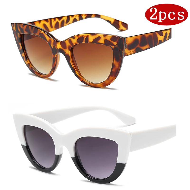 2pcs Fashion Cat Eye Sunglasses Woman Vintage Large Frame Brand Gradient Design Glasses Sun Glasses for Female UV400 Eyewear
