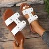 Large size lightweight open-toed flat-bottomed slippers women wear one-word retro beach cool slippers slippers