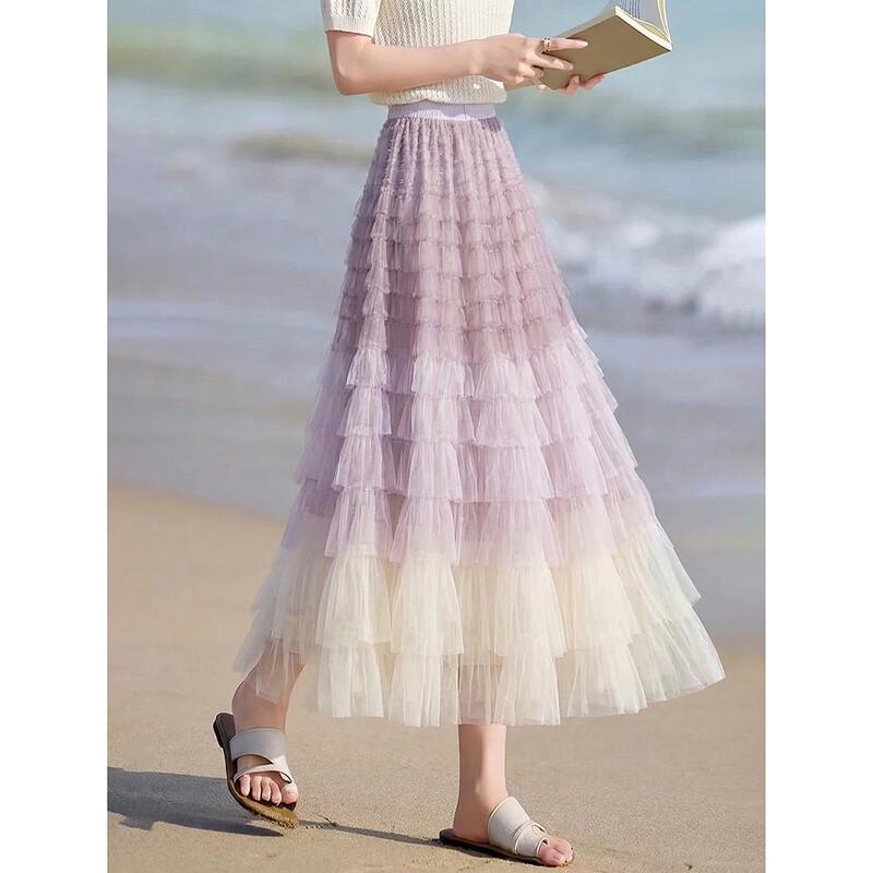 Sweet French Gradient Tiered Mesh Midi Skirt One Size