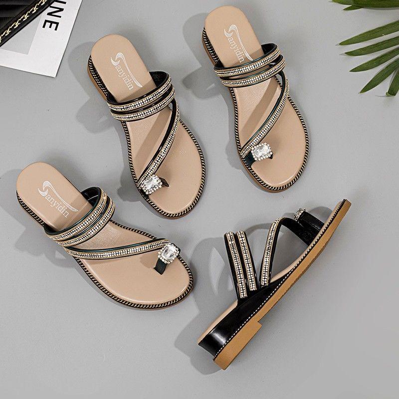 Sandalen Gummi Pantoletten Kristalle Außen Strass Frau Hausschuhe Juwelen Flip Flops Schuhe für Frauen PVC Naturhaut im Angebot