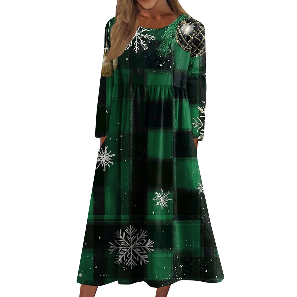Women's Casual Crew-neck Christmas Print Mid-length Dress Long-sleeved Dress With Pocket