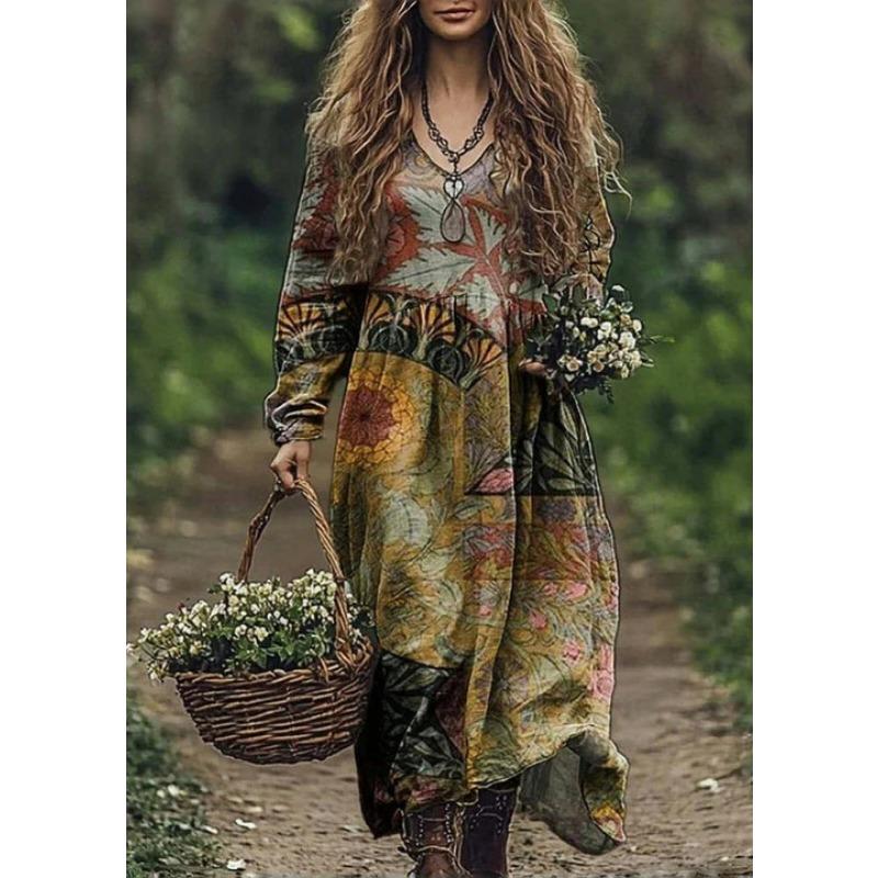 

DAFIFY Женская мода Весна Осень Цветочный принт Длинный рукав V-образный вырез Свободная талия Повседневные платья XXXXXL