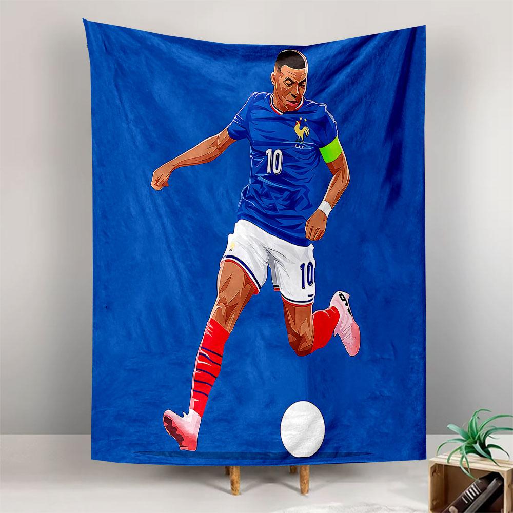 Kylian Mbappe France Number 10 Football Wall Tapestry Blue Jersey Dribbling Pop Art Vector Decor for Boys Bedroom Man Cave Gift