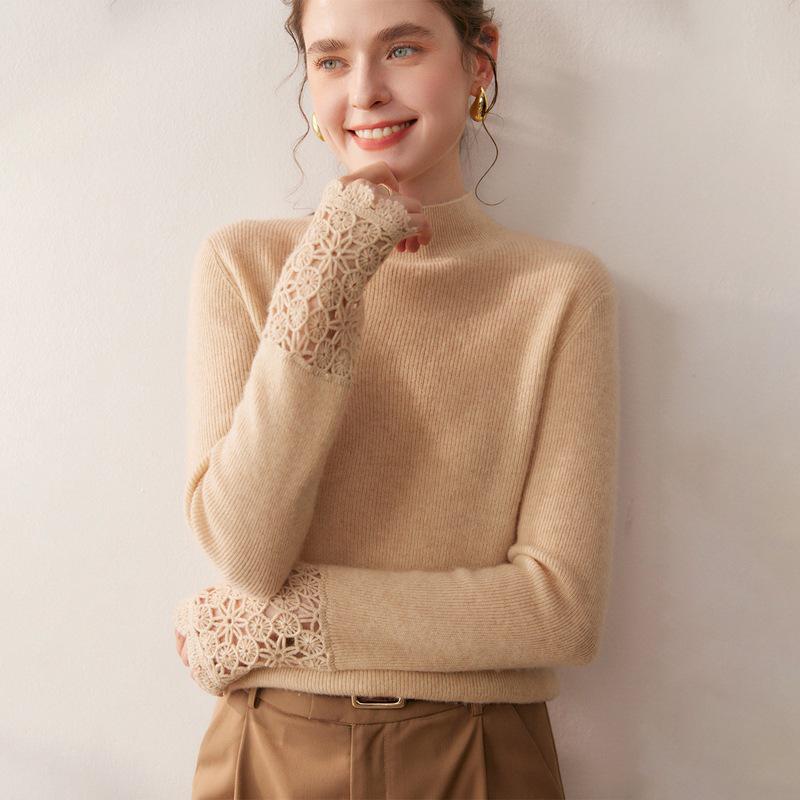 Women's Hand-Crocheted Cashmere Sweater - Slim Fit, Half-High Collar, Long Sleeve, Solid Color, Autumn/Winter Collection