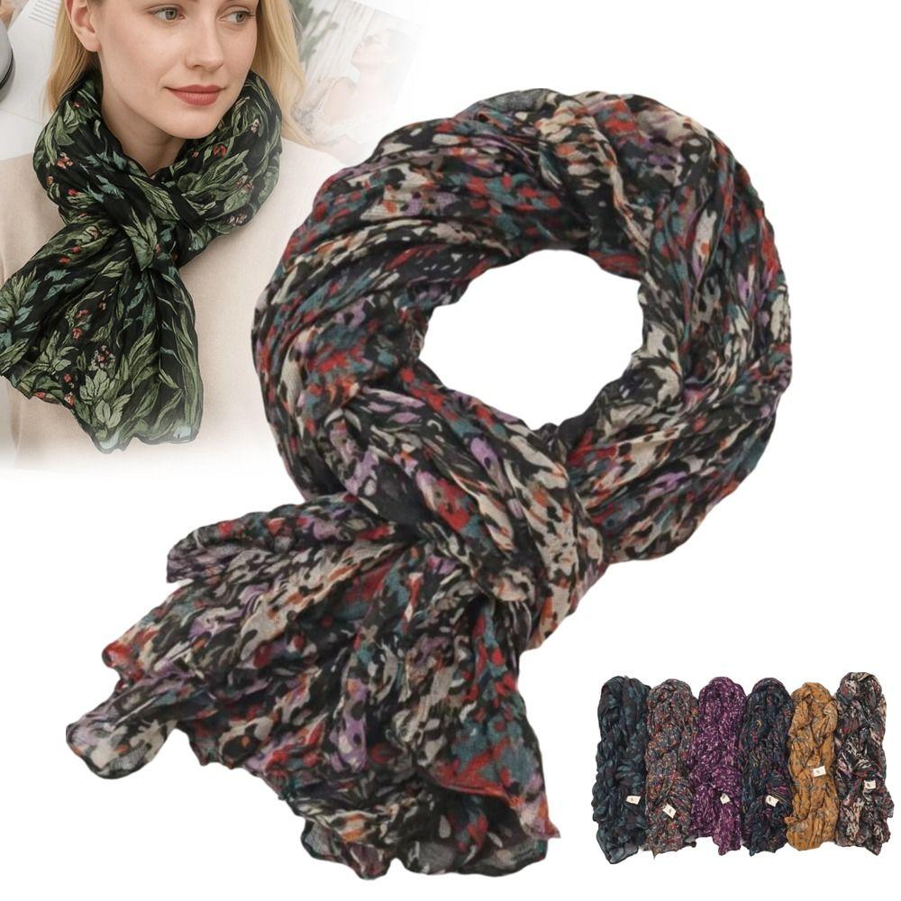 Floral Cotton Linen Scarf Vintage Long Shawl Wrap Fashion Pleated Printed Scarf  For Autumn Winter