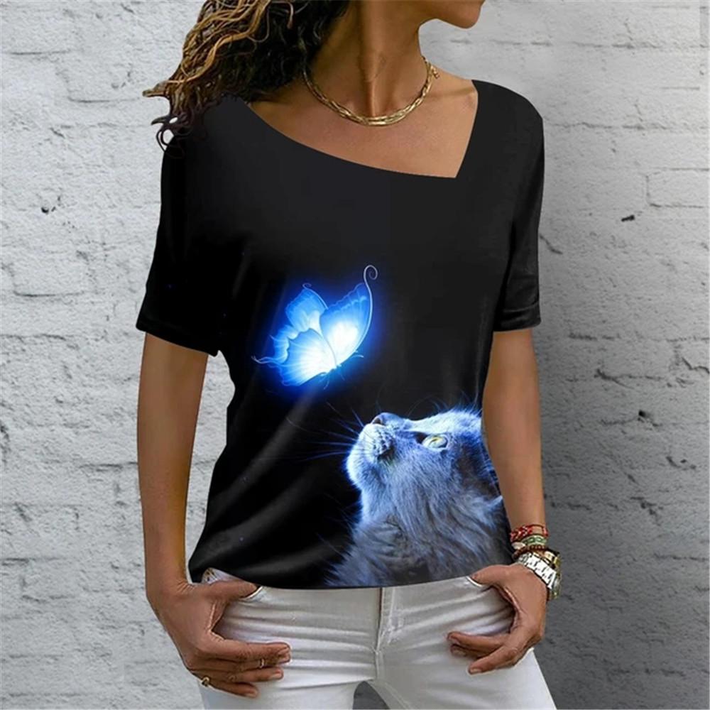 Sexy Scollo Obliquo Gatto Carino Stampa 3D Versatile T-shirt da Donna Vintage Harajuku Manica Corta Estiva Casual Abbigliamento Femminile