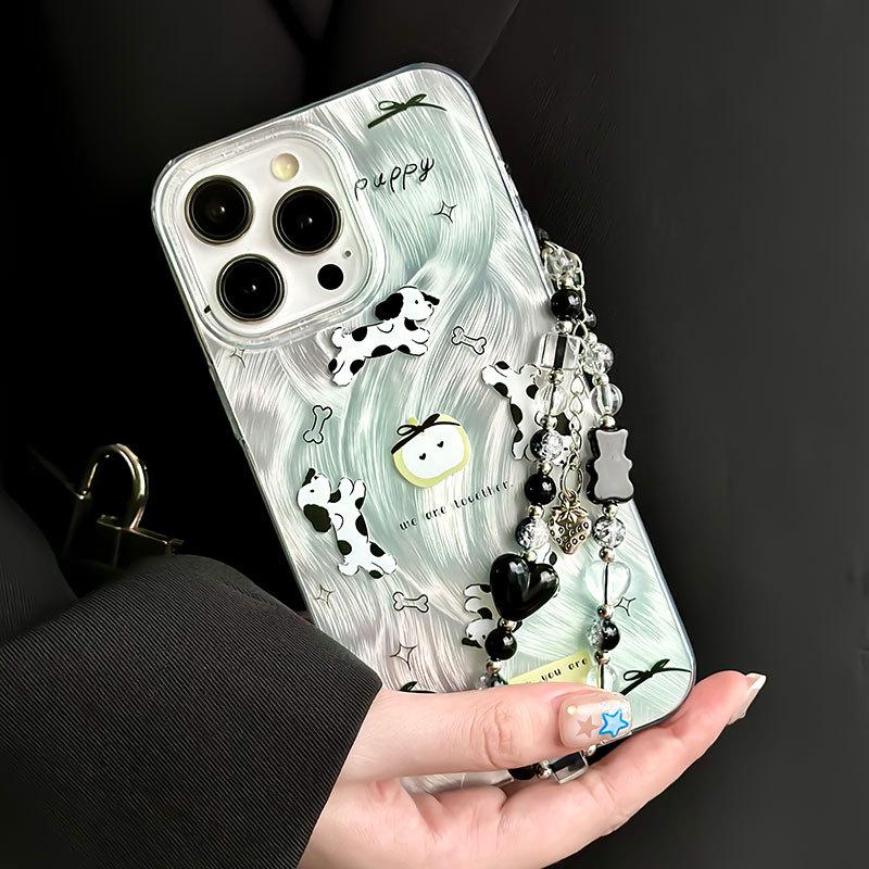 Zhitai Feather Yarn Case: Fits iPhone 12–16 Pro, Transparent with Cartoon and Bracelet Features