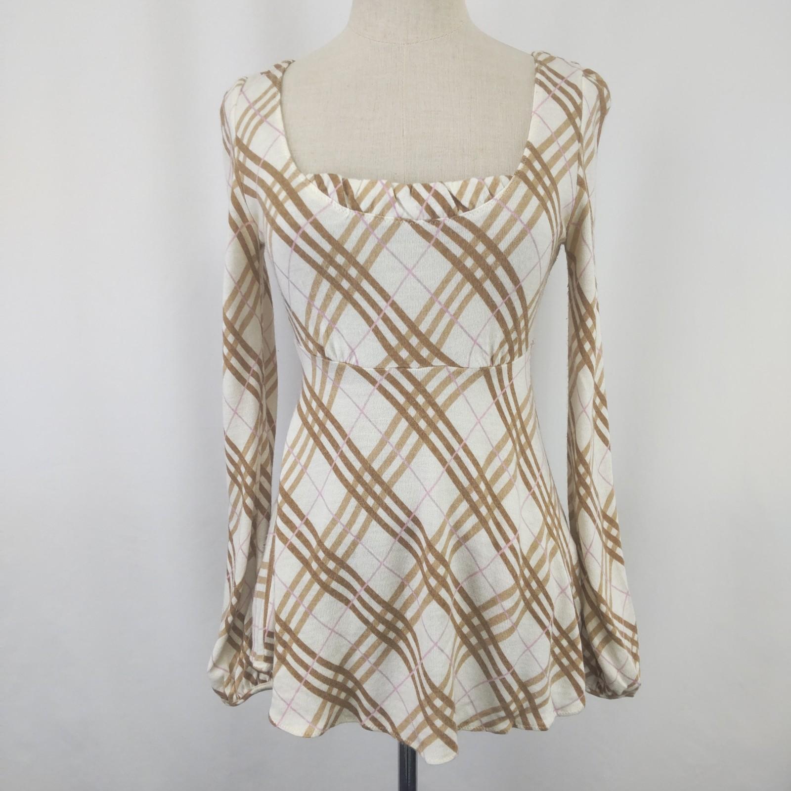 

BURBERRY BLUE LABEL Long Sleeve Check Top White Brown Women s 38/M(USED)