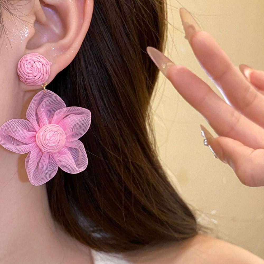 Exaggerated Shape Dangle Earrings Raffia Wood Drop Earrings Elegant Flower Ear Drop  Lady