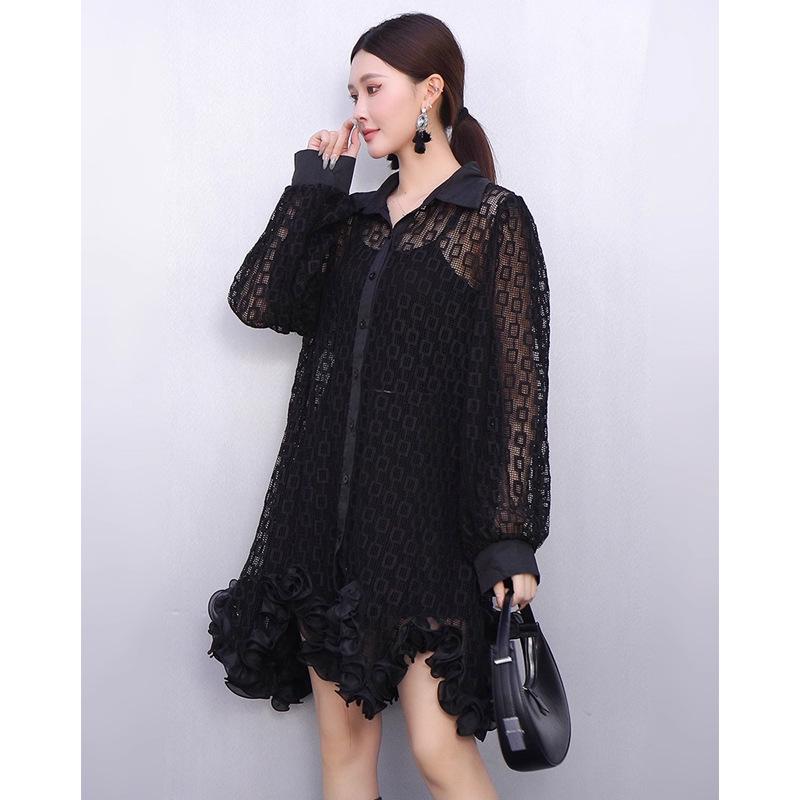 

Black and White Chic Mesh Lantern Sleeve Shirt Dress with Ruffle Skirt Large чёрный
