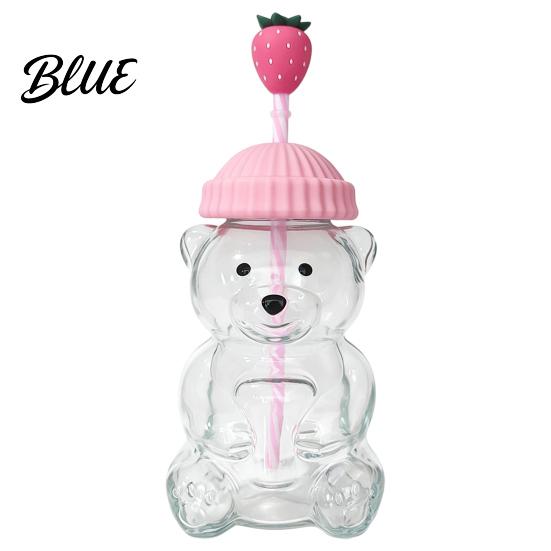 Reusable Boba Tea Cup 600ML Bear Glass Tumbler with Lid & Straw 20oz Borosilicate Drinking for Iced Coffee Tea Milk Gift Women Girls