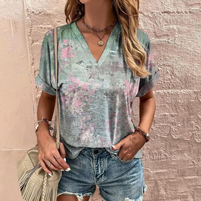 Retro Women's T Shirt Floral Print Summer Casual Ladies Clothes Short Sleeve Blouse V Neck Harajuku Clothing Female New Street