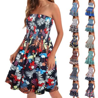 Trägerloses Kleid für Damen, Sommerkleider für Damen, Strandüberzüge, trägerloses Sommerkleid mit Boho-Blumendruck