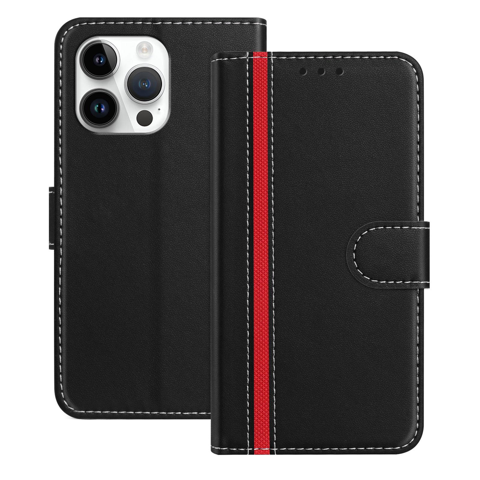 

For iPhone 15 Pro Max Phone Cases Wallet Stand Color Splicing Leather Cover with Magnetic Clasp Black