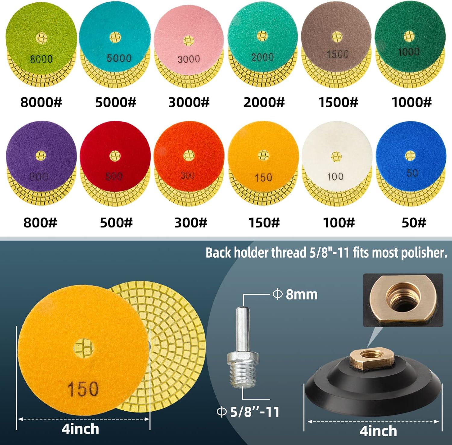 

14-Pack 4 Diamond Polishing Pads Kit, 50-8000 Grit, for Granite Marble Concrete Quartz Countertop United States