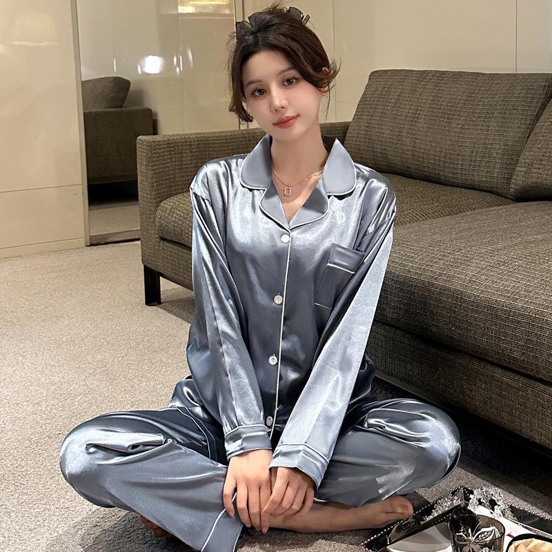 Spring And Summer Long-Sleeved Trousers Ice Silk Thin Simple Casual Women'S Home Cardigan Pajama Set