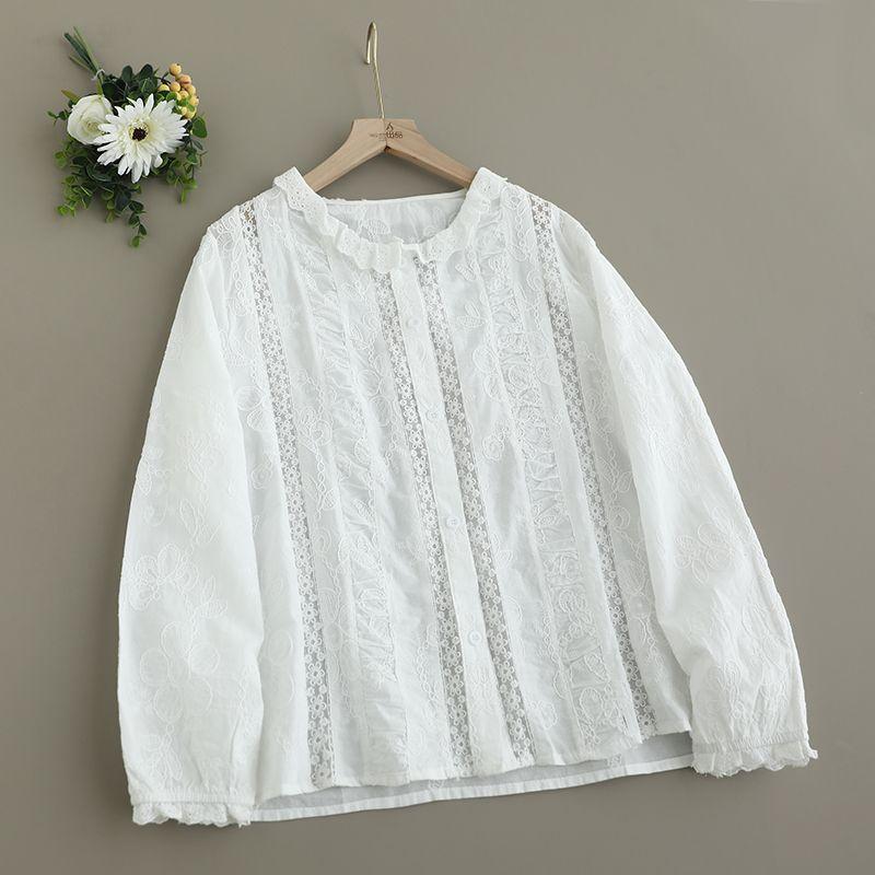 

Summer Women s Clothing New Mori Style Embroider Lace Collar Top Pure Cotton Loose Pullover Long Sleeves Single-Breasted Shirt for Women White One size