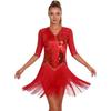 Ladies Glittery Sequin Dance Dress V Neck Half Sleeve Tiered Tassel Design Rhinestone Details Latin Cha Cha Tango Salsa Costume