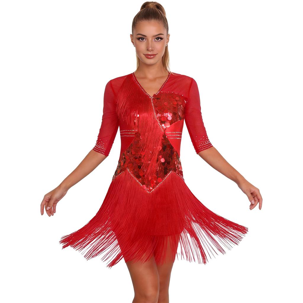 Ladies Glittery Sequin Dance Dress V Neck Half Sleeve Tiered Tassel Design Rhinestone Details Latin Cha Cha Tango Salsa Costume