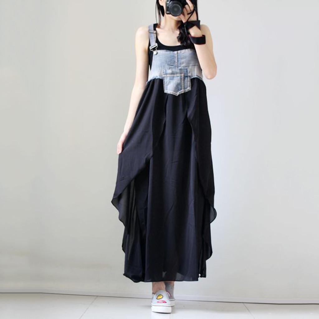 Women's Summer Casual Jeans Splicing Chiffon Strap Ruffles Dress