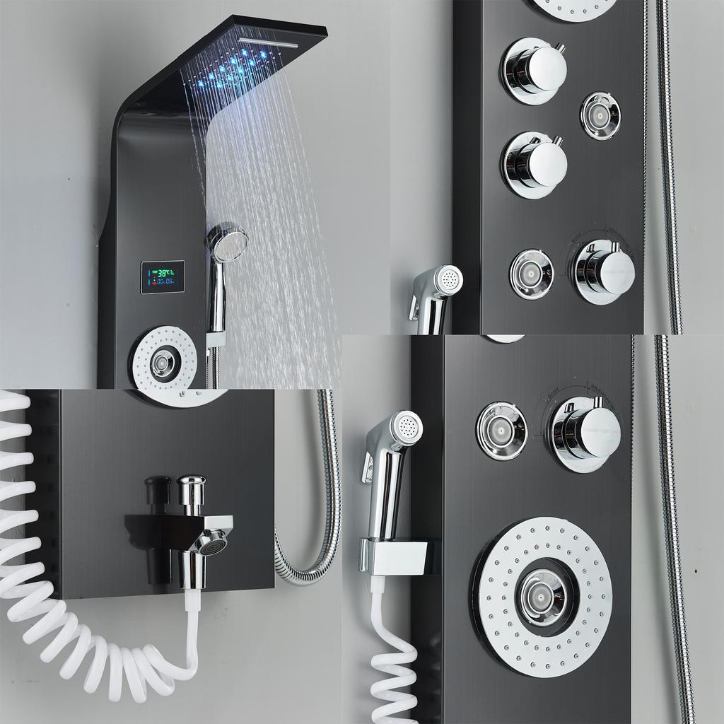 ALENARTWATER Bathroom Shower Panel LED Waterfall Shower Water Top Spray Temperature Display Faucet Back Massage with Water Tap