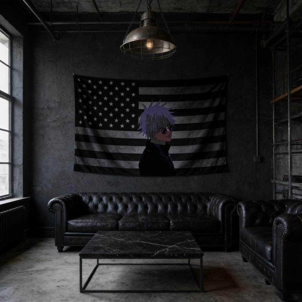 Gojo Satoru Black Usa Flag Tapestry, Jujutsu Kaisen Anime Wall Hanging For Bedroom Dorm Room Decor, Perfect Gift For Anime Fans