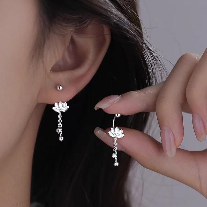 925 Silver Needle Lotus flower Short Tassel Bead Screw Plant Stud Earrings For Women Cute Fine Jewelry Trendy Accessories