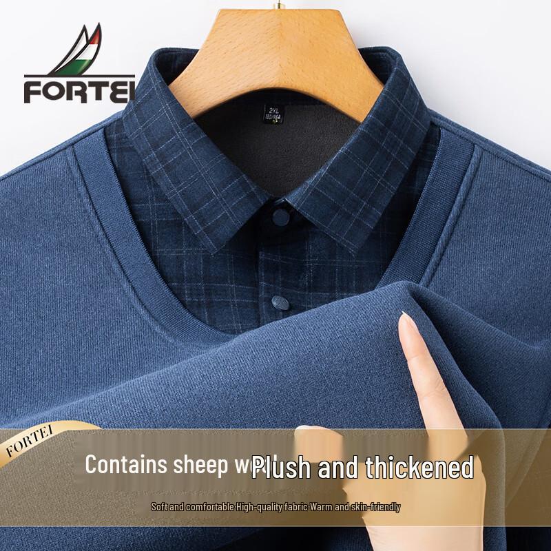 Men s Warm Faux Two-Piece Wool Blend Knit Shirt 3XL