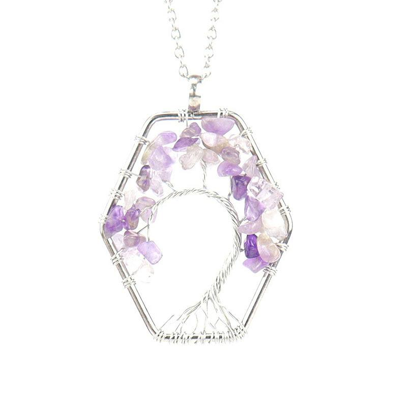 

Hand-Wound Natural Gravel Crystal Curved Hexagon Tree Of Life Fortune Tree Necklace Women S Necklace N15 аметист