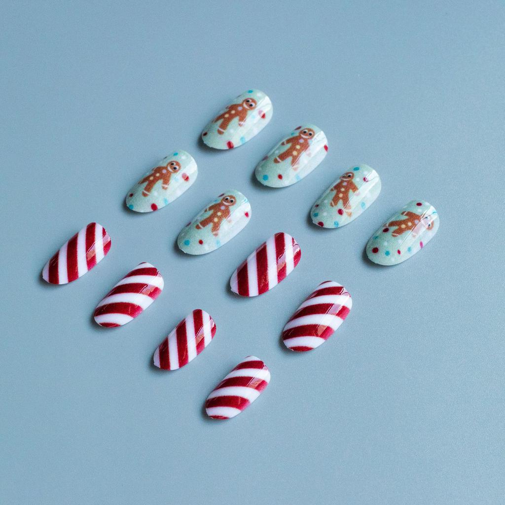 24 Pcs Press On Nails Gingerbread Man Candy Cane Christmas Design Holiday Patterns