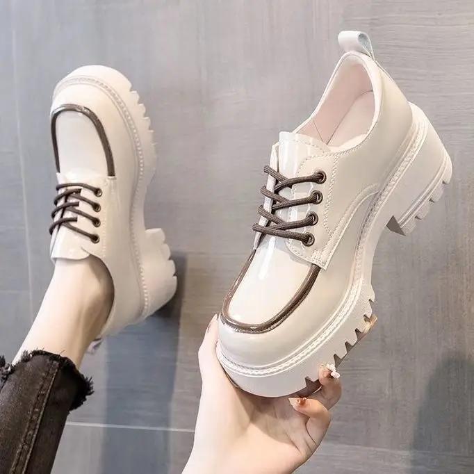 Women Height Increasing Lace Up Leather Shoes Spring British Style Casual Versatile Thick Sole High Heel Loafers New Arrival