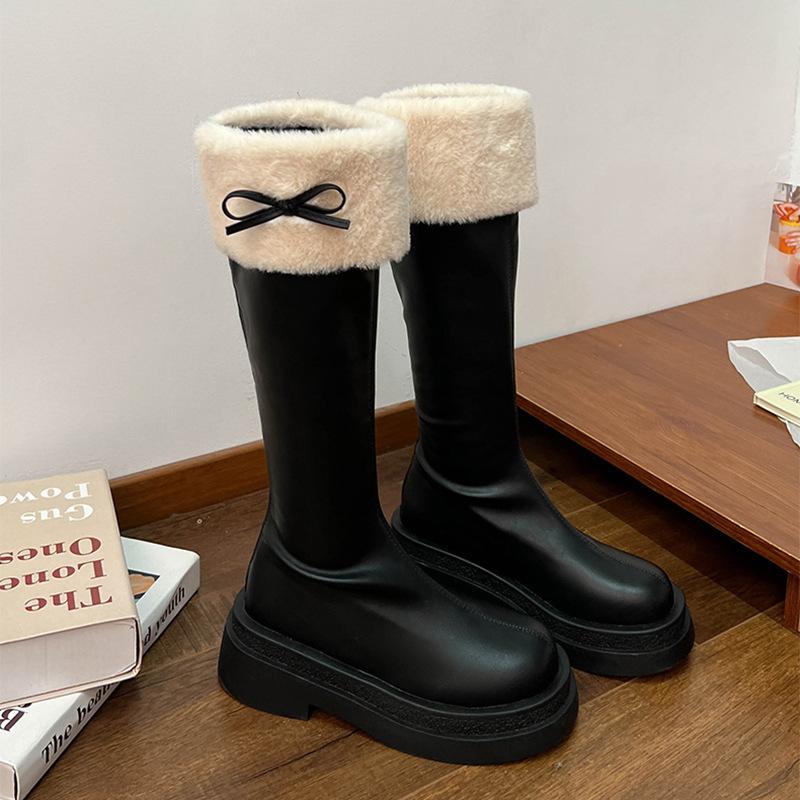 Winter Thick Sole Woman Short Plush High Boot Fashion Butterfly-knot Back Zippers Shoes Women's Slim Knight Long Booties