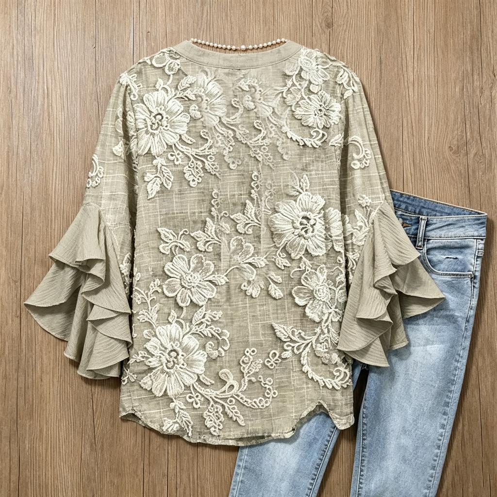 Women Casual Floral Print V Neck Lotus Edge Ruffle Sleeve Blouse Lightweight Loose Fit Top for Everyday Wear