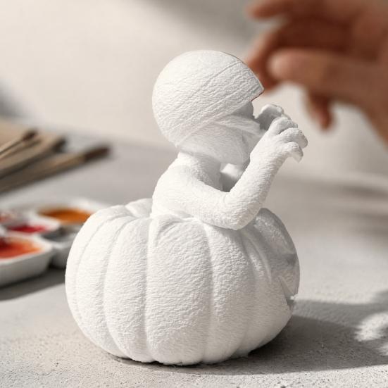 Blank PLA Sculpture for Art 3D Printed Pumpkin Boy Figurine, Unpainted White DIY Statue, Unique Tabletop Display Piece Halloween Mummy Sculpture,