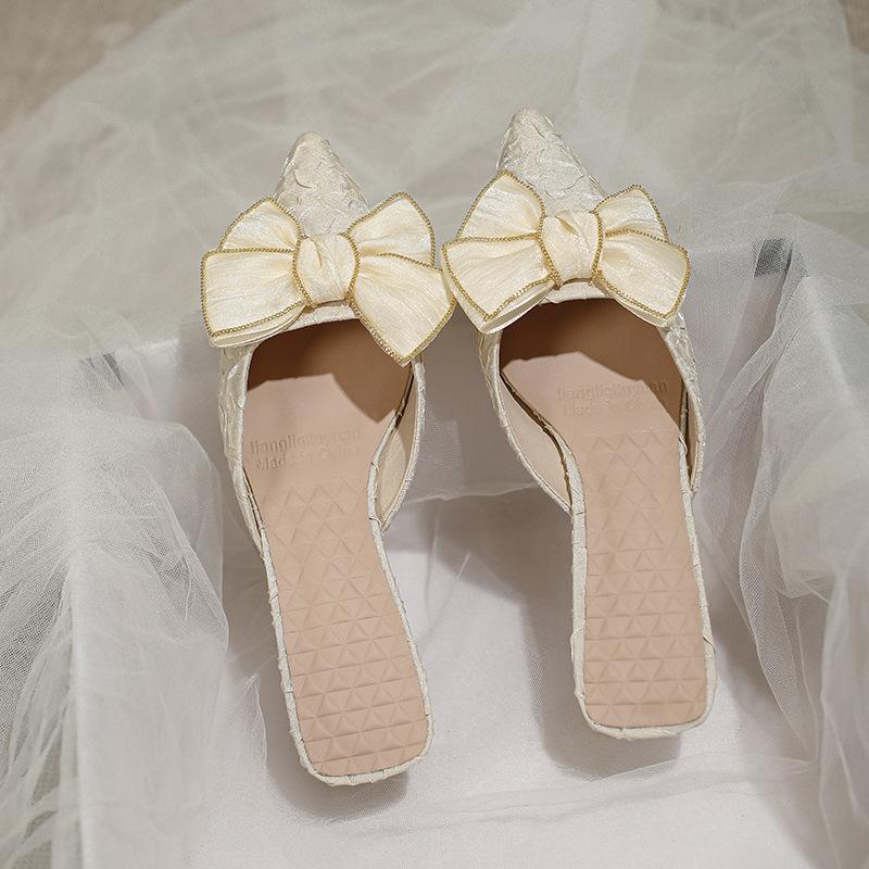 Baotou half slippers women's outer wear women's shoes new middle heel pointed fairy shoes lazy shoes women's one foot pedal