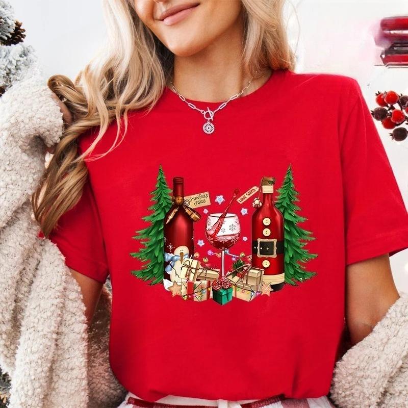 Lumières de Noël Verre à Vin Rouge T-shirt Femme Mode Fête de Noël Tops Harajuku Esthétique Décontractée Hauts de Fête pour Femmes
