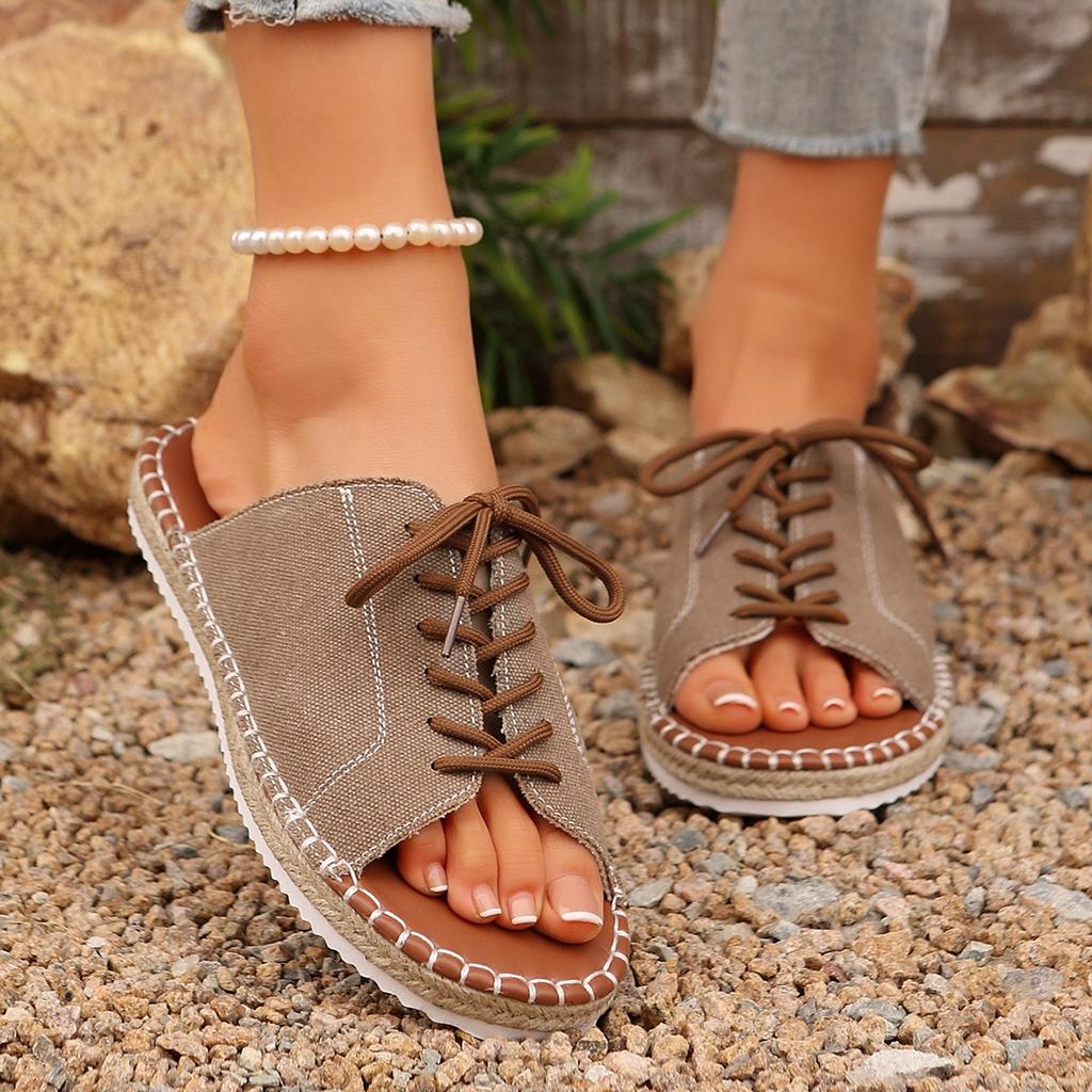 Women's Fashion Slippers Spring New Round Head Open Toe Front Lacing Soft Soles Anti-slip Wear-resistant Flat Shoes
